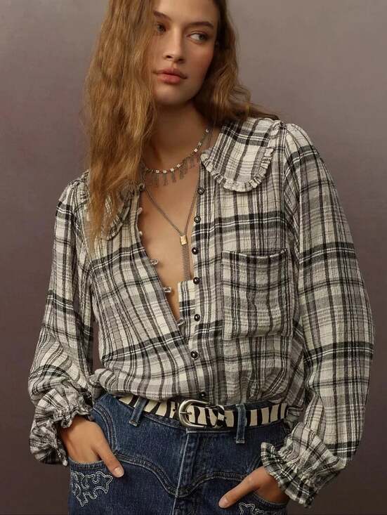 anthropologie Tops - Pilcro Anthropologie Keira Top Size Small Black Ivory Plaid Peter Pan Collar